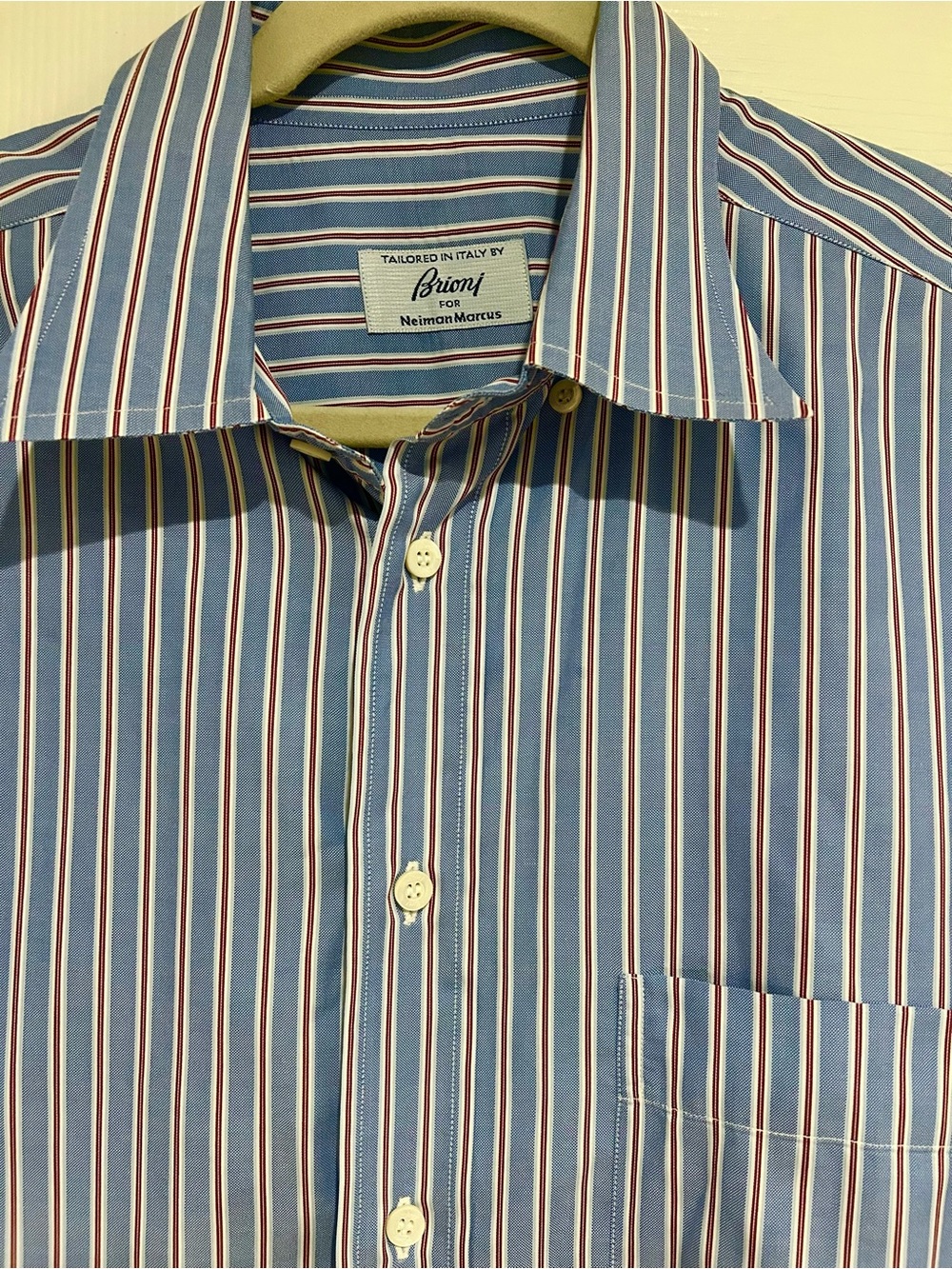Brioni Red, White, Blue Striped Men's Dress Shirt - Classic Fit XL